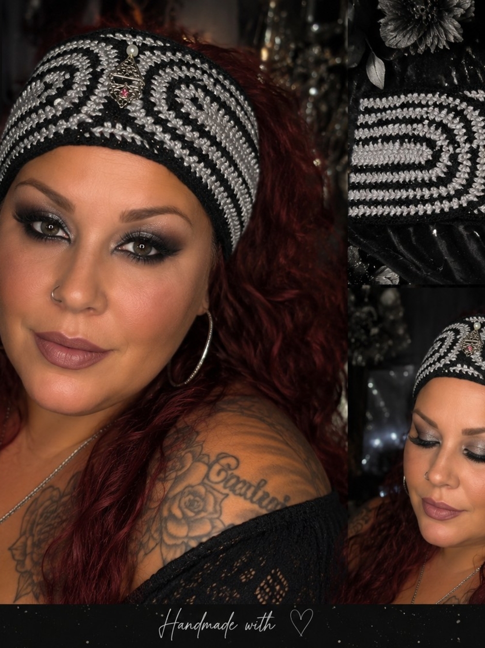 Handmade Black and Silver Crochet Headwrap with Accent Charm